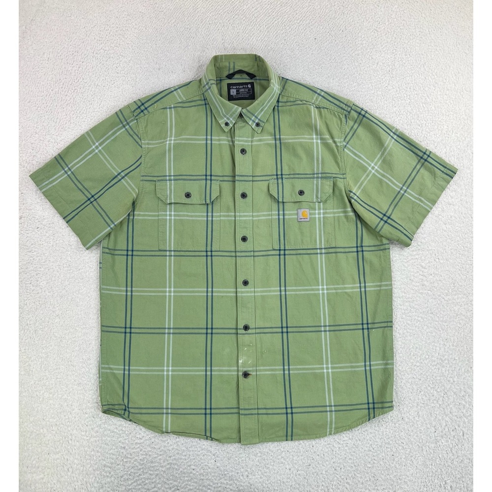 Carhartt Shirt Mens Large Green Plaid Short Sleeve Button Up Loose Fit Cotton